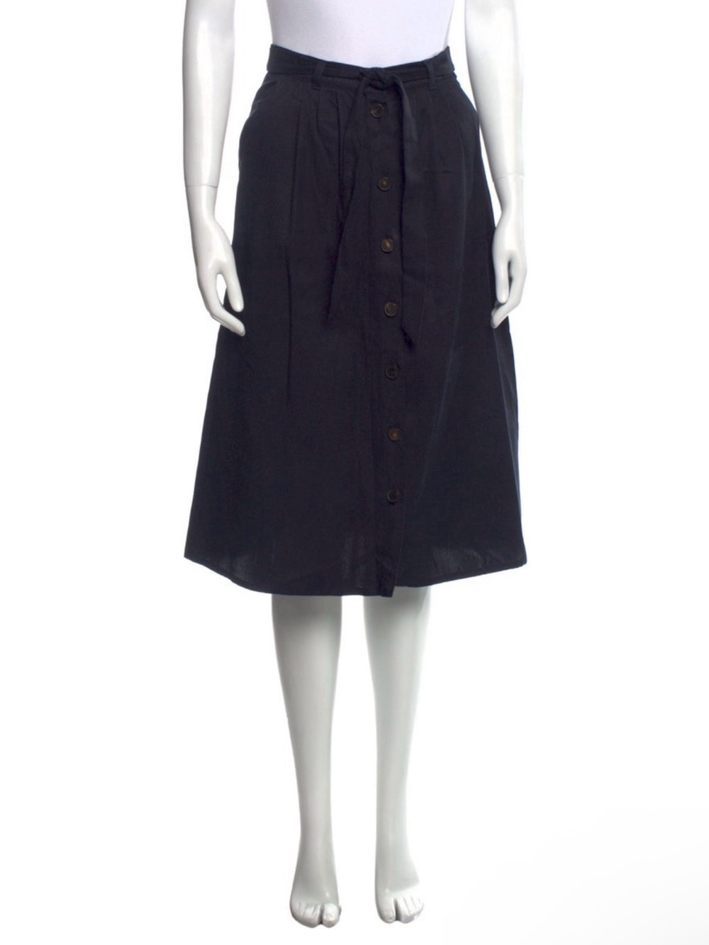 Sézane navy blue cotton midi skirt with a tie waist and button front-Sz 2